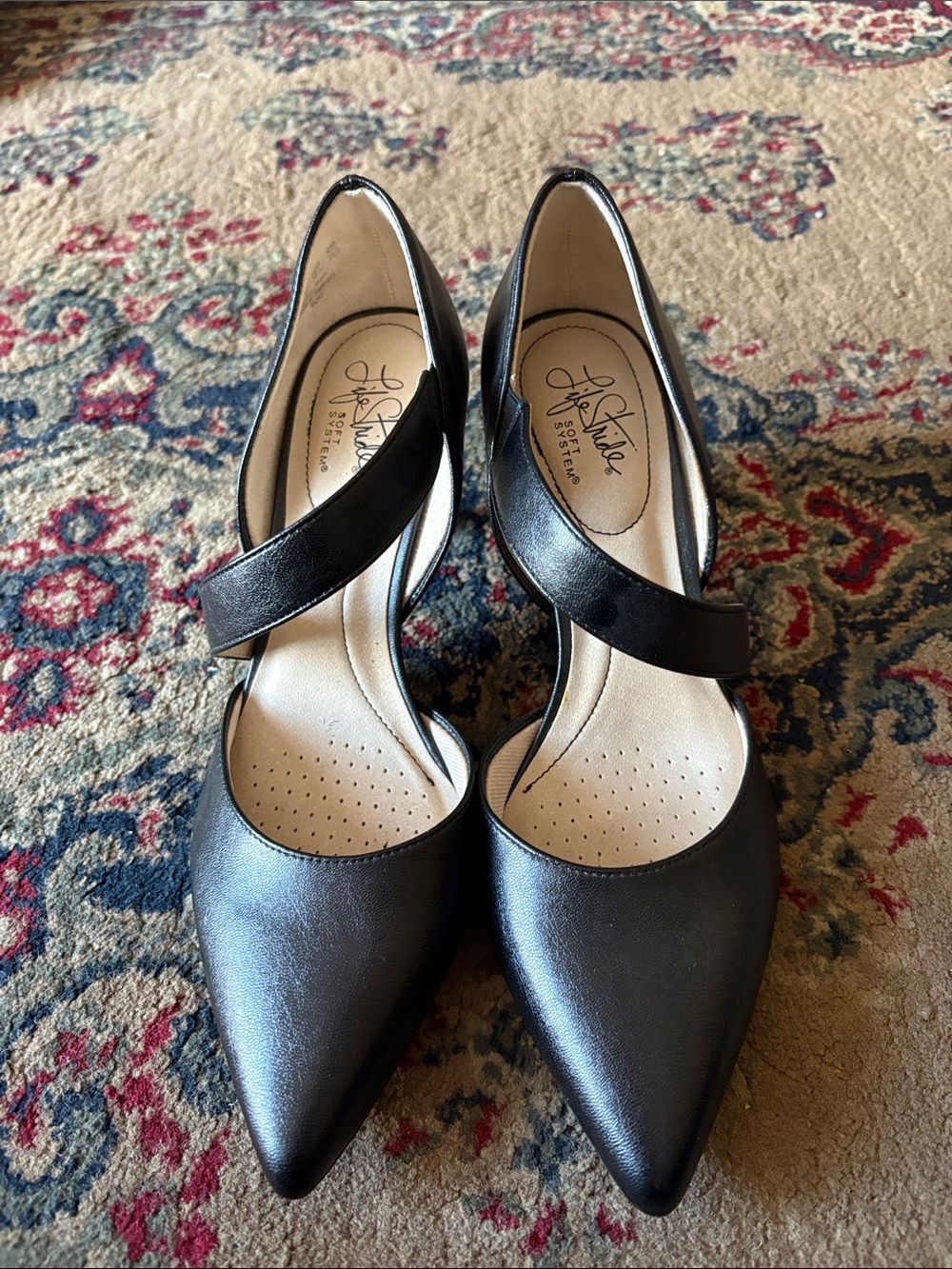 Life Stride Black Pointed Mary Jane Heels with Strap